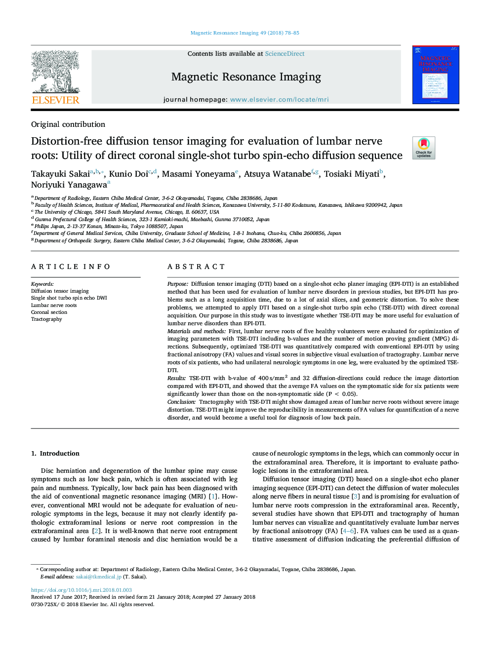 Distortion-free diffusion tensor imaging for evaluation of lumbar nerve roots: Utility of direct coronal single-shot turbo spin-echo diffusion sequence