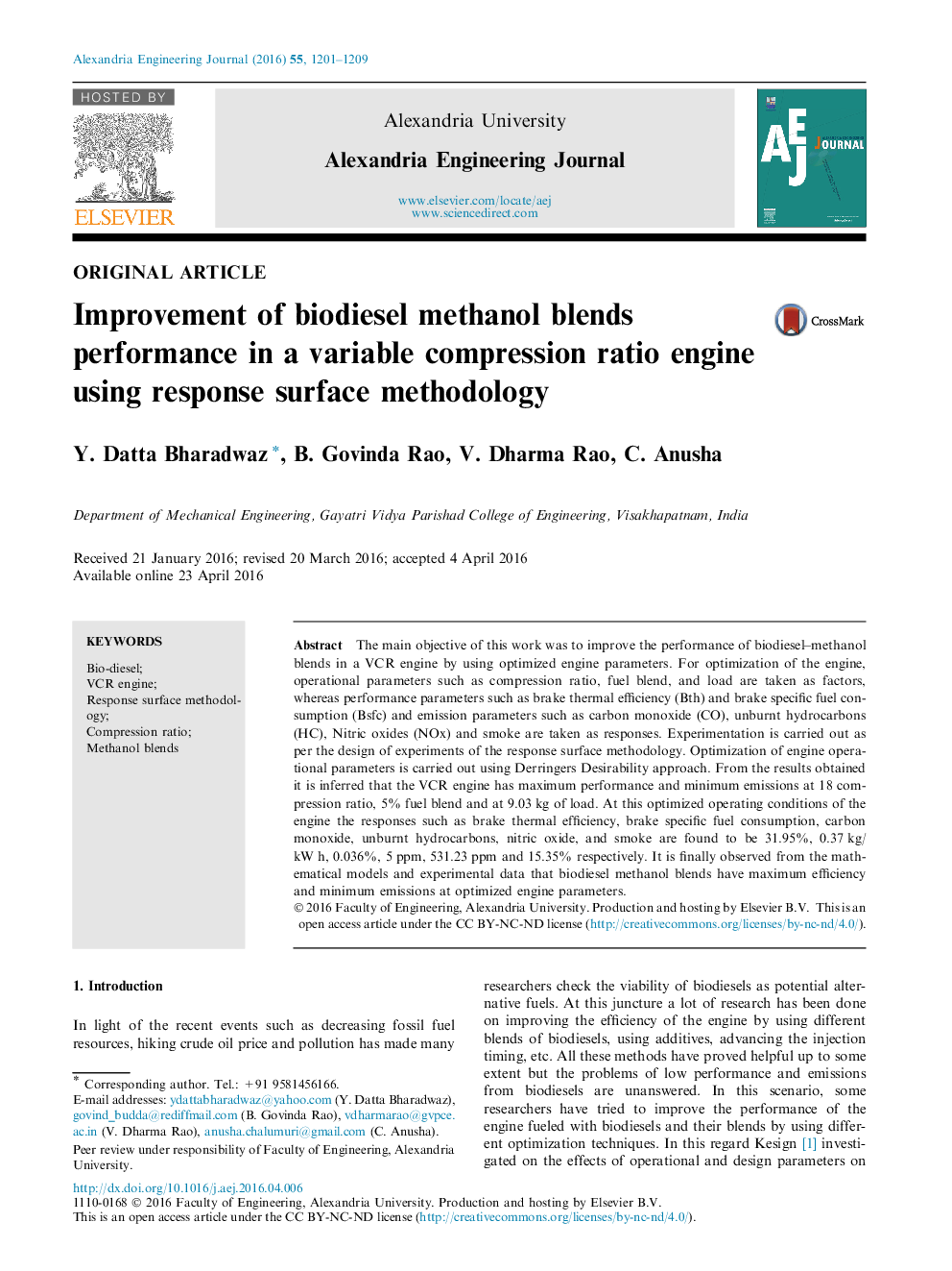 Improvement of biodiesel methanol blends performance in a variable compression ratio engine using response surface methodology