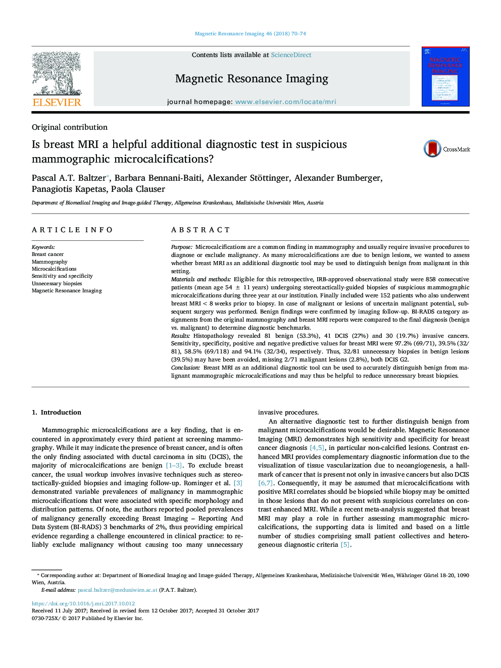 Is breast MRI a helpful additional diagnostic test in suspicious mammographic microcalcifications?