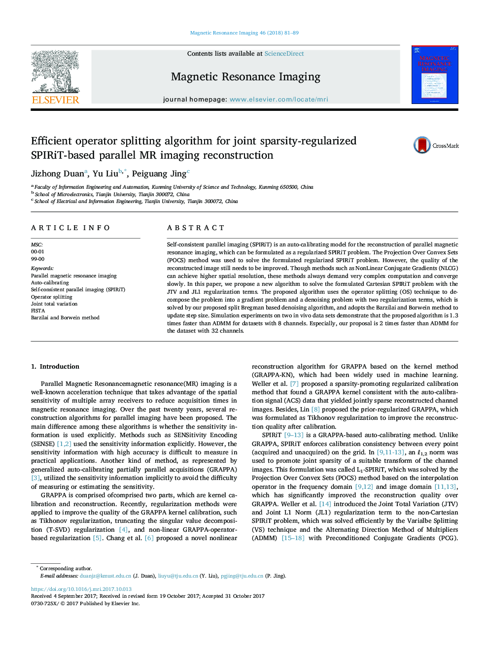 Efficient operator splitting algorithm for joint sparsity-regularized SPIRiT-based parallel MR imaging reconstruction