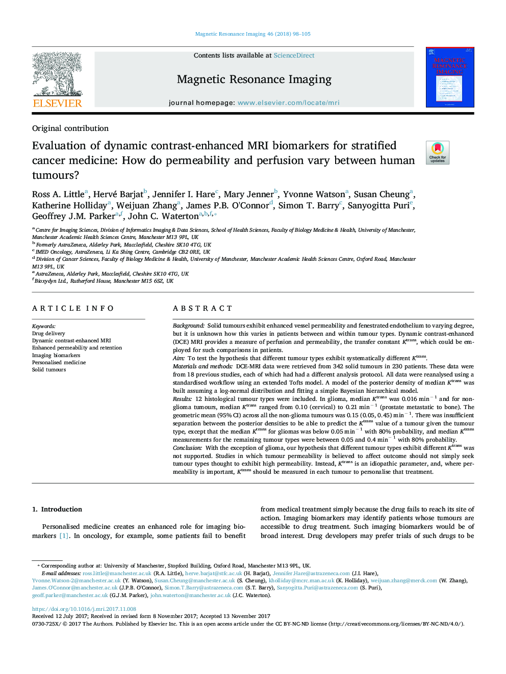 Evaluation of dynamic contrast-enhanced MRI biomarkers for stratified cancer medicine: How do permeability and perfusion vary between human tumours?