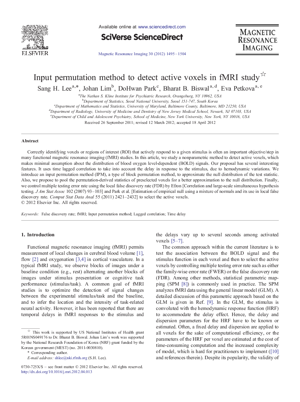 عکس صفحه اول مقاله: Input permutation method to detect active voxels in fMRI study Input permutation method to detect active voxels in fMRI study