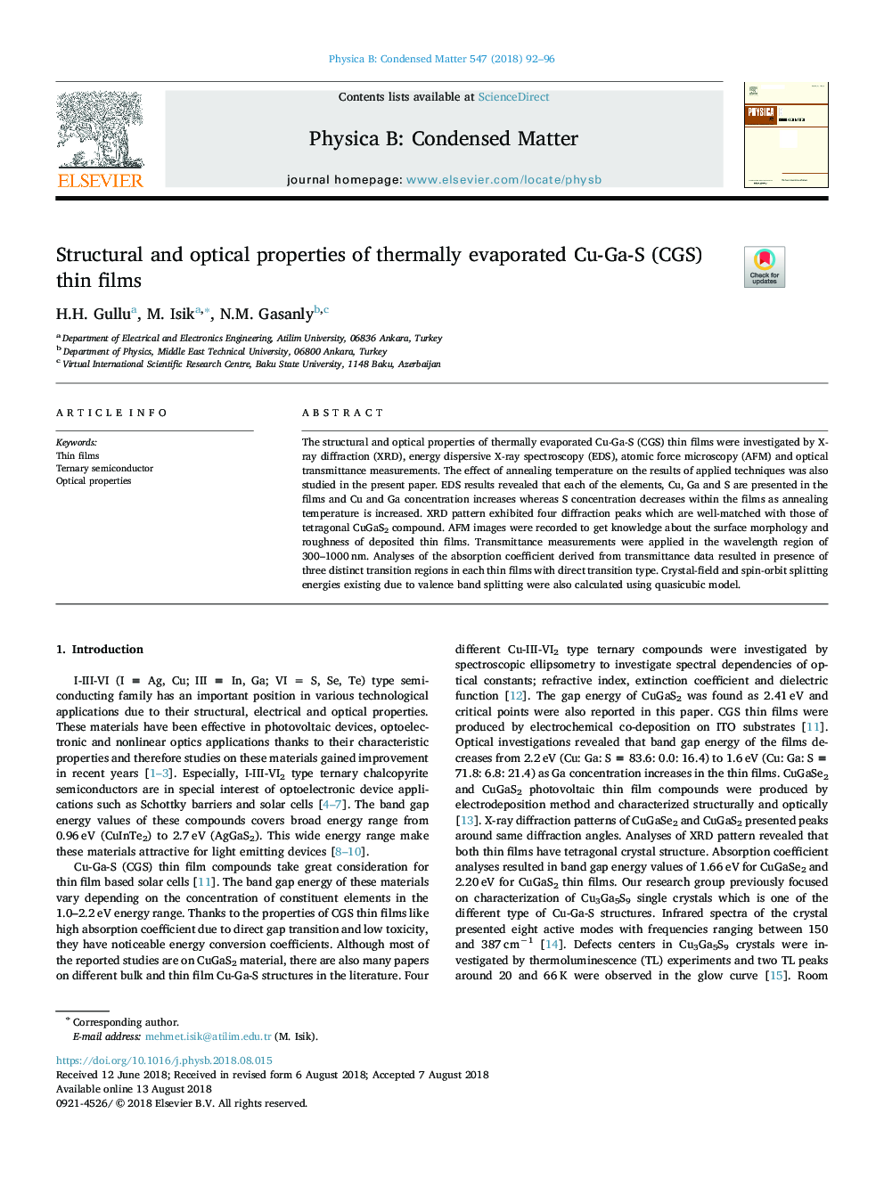 Structural and optical properties of thermally evaporated Cu-Ga-S (CGS) thin films