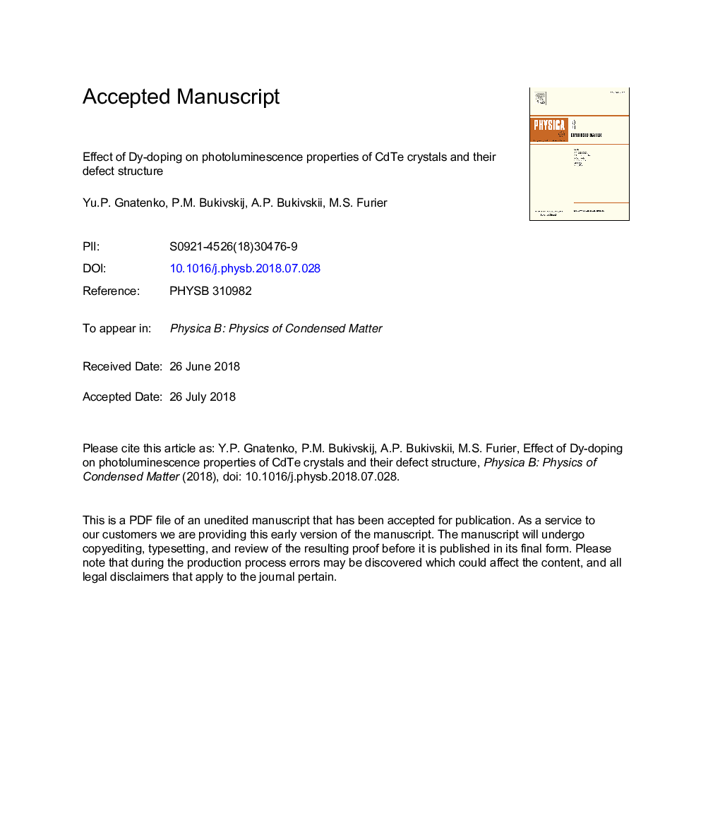 Effect of Dy-doping on photoluminescence properties of CdTe crystals and their defect structure