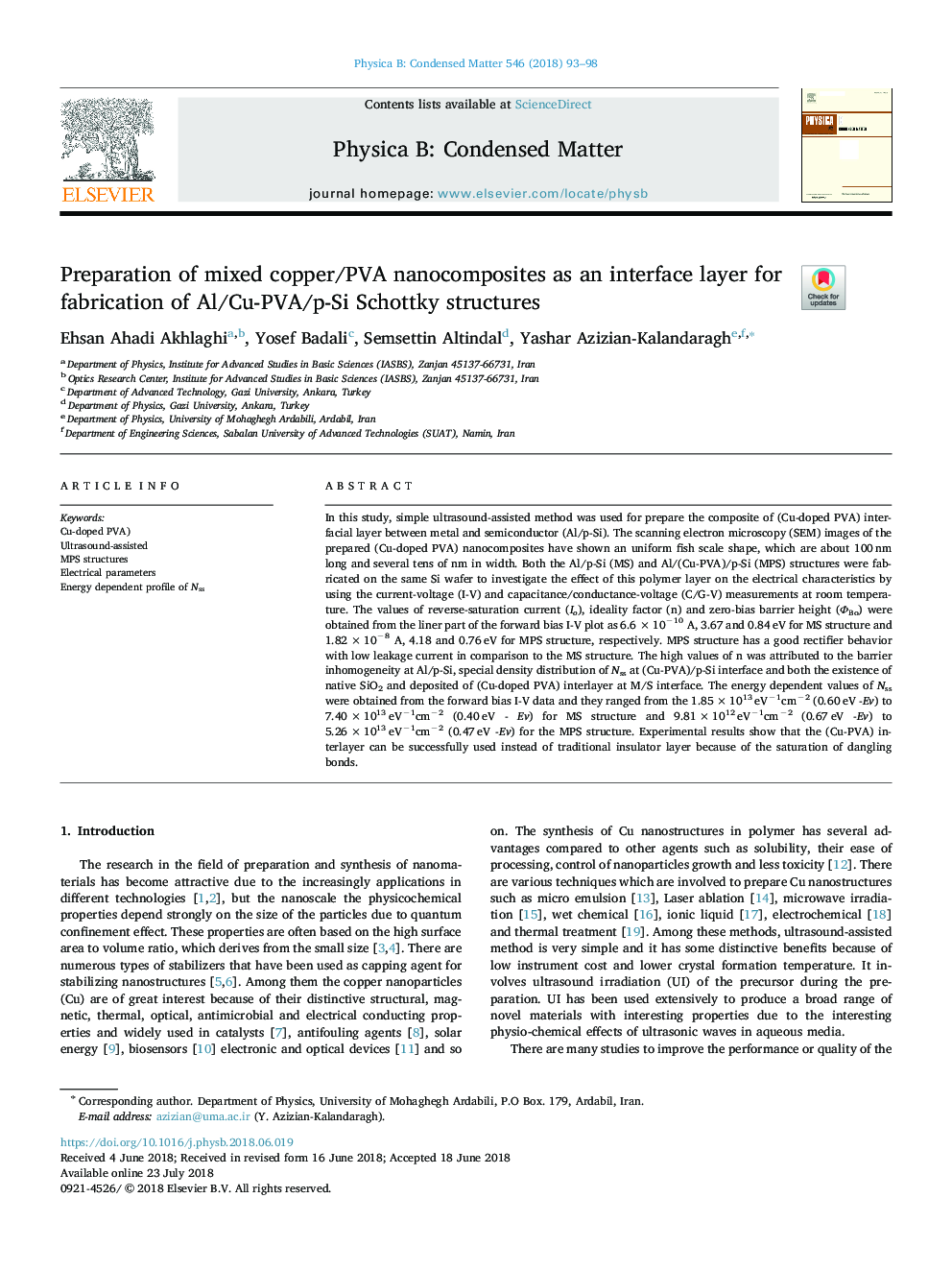 Preparation of mixed copper/PVA nanocomposites as an interface layer for fabrication of Al/Cu-PVA/p-Si Schottky structures