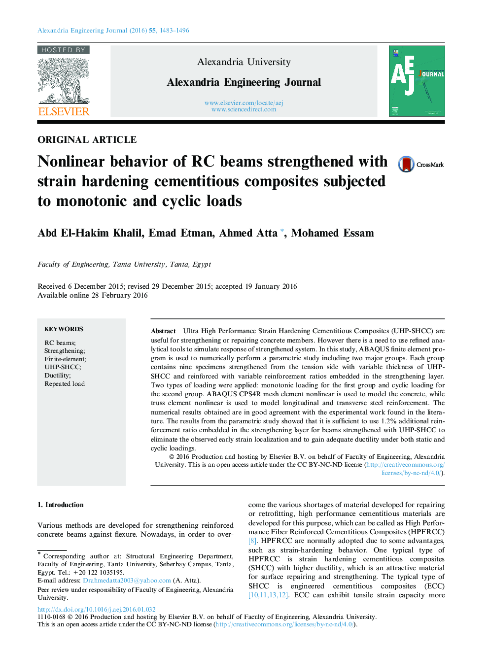 Nonlinear behavior of RC beams strengthened with strain hardening cementitious composites subjected to monotonic and cyclic loads