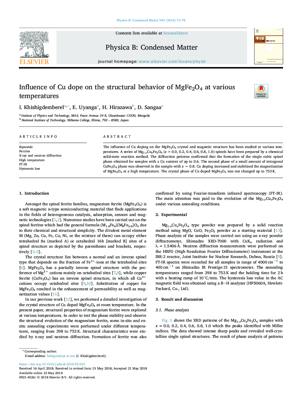 Influence of Cu dope on the structural behavior of MgFe2O4 at various temperatures