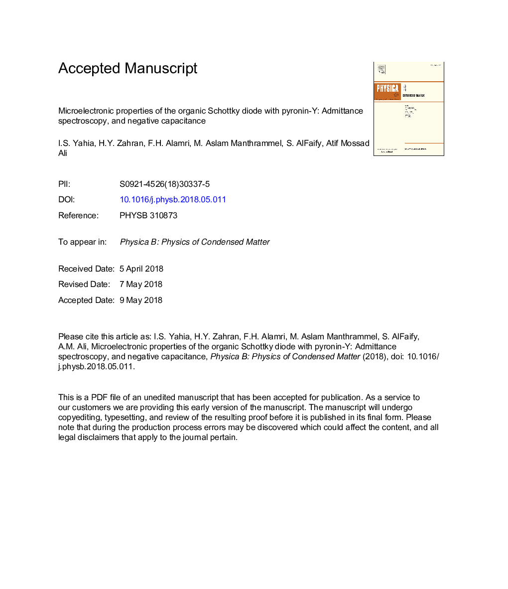 Microelectronic properties of the organic Schottky diode with pyronin-Y: Admittance spectroscopy, and negative capacitance