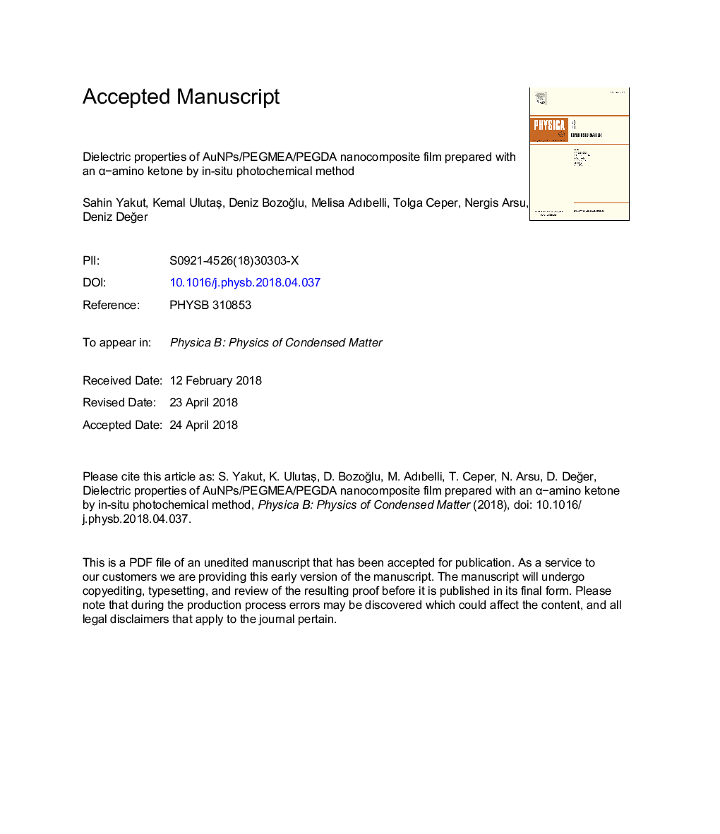 Dielectric properties of AuNPs/PEGMEA/PEGDA nanocomposite film prepared with an Î±âamino ketone by in-situ photochemical method