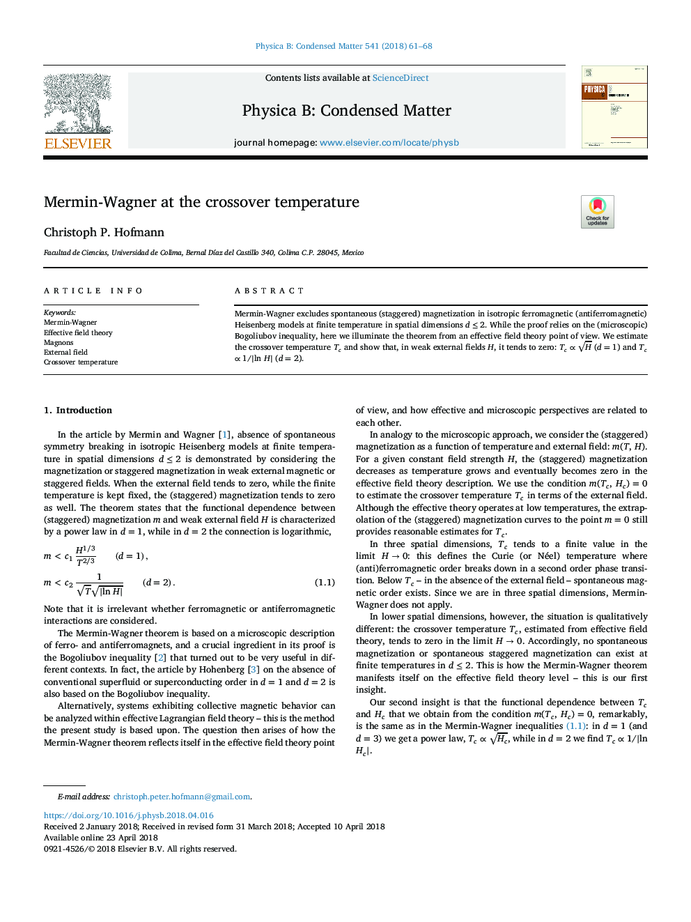 Mermin-Wagner at the crossover temperature