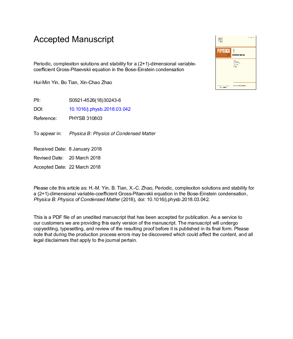 Periodic, complexiton solutions and stability for a (2+1)-dimensional variable-coefficient Gross-Pitaevskii equation in the Bose-Einstein condensation