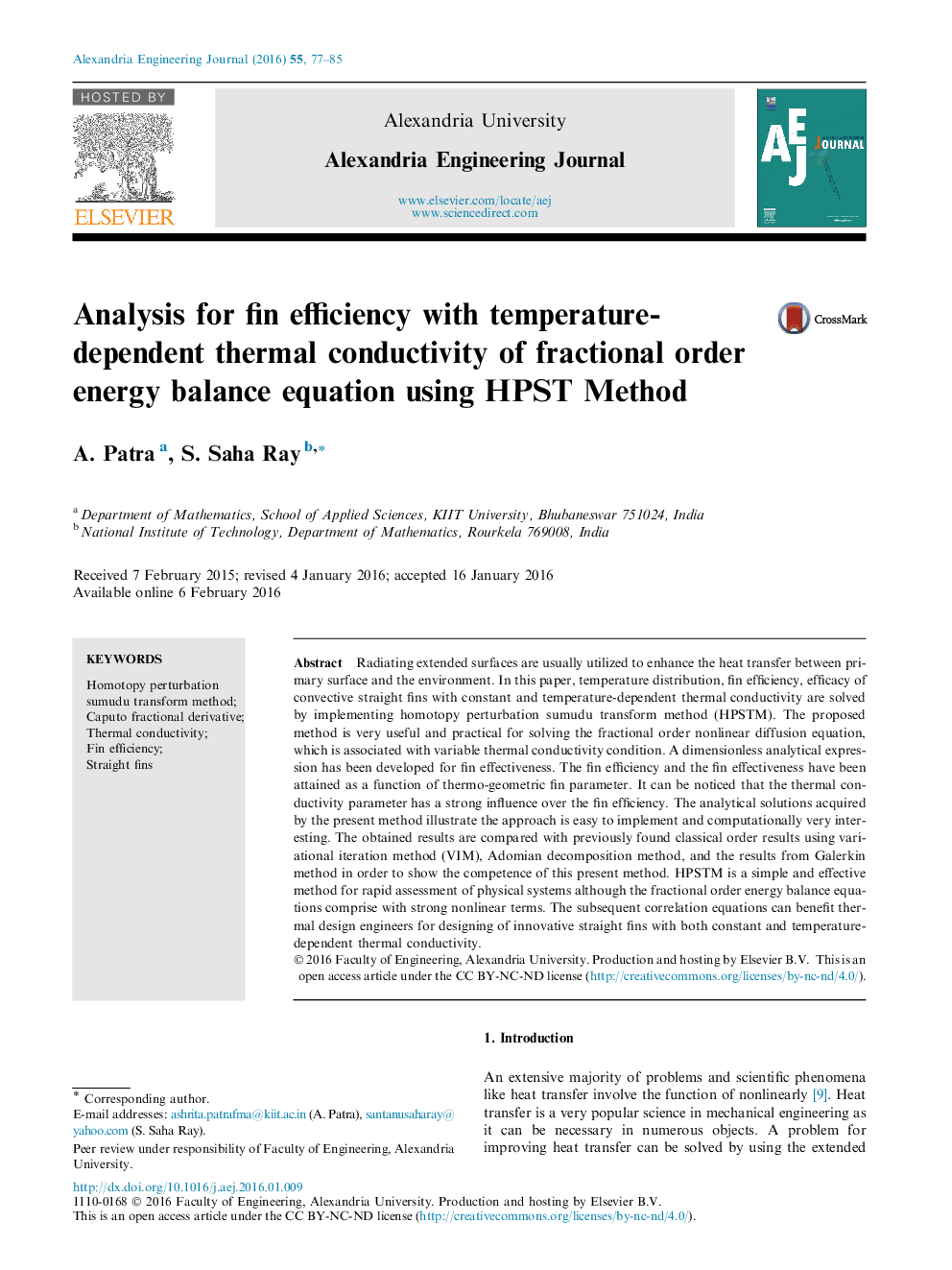 عکس صفحه اول مقاله: Analysis for fin efficiency with temperature-dependent thermal conductivity of fractional order energy balance equation using HPST Method Analysis for fin efficiency with temperature-dependent thermal conductivity of fractional order energy balance equation using HPST Method
