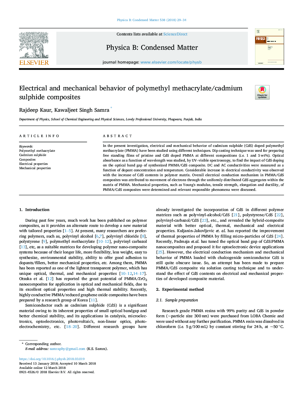 Electrical and mechanical behavior of polymethyl methacrylate/cadmium sulphide composites