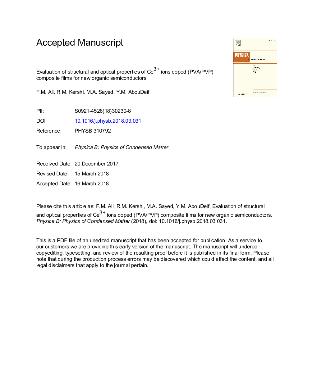 Evaluation of structural and optical properties of Ce3+ ions doped (PVA/PVP) composite films for new organic semiconductors