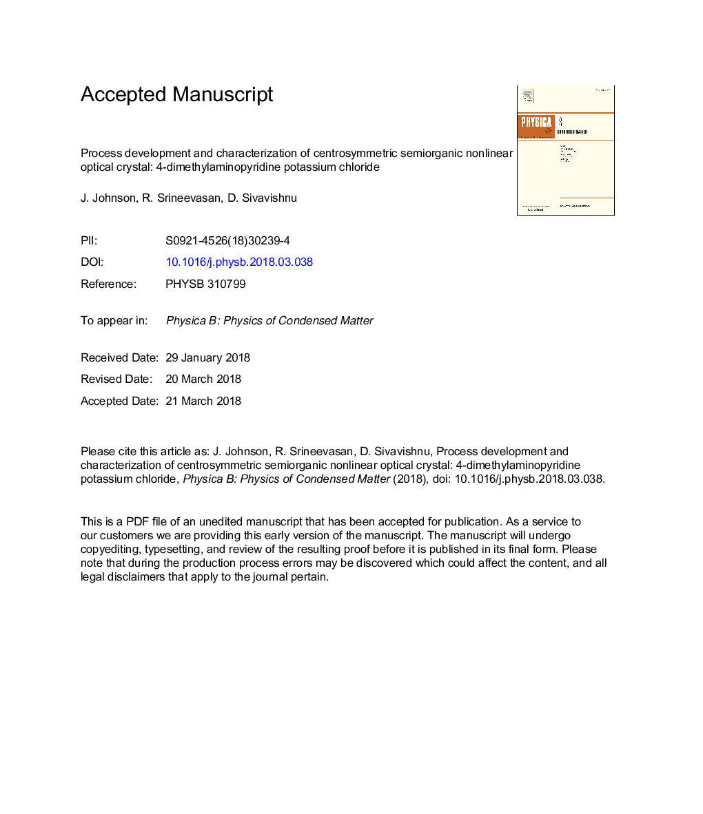 Process development and characterization of centrosymmetric semiorganic nonlinear optical crystal: 4-dimethylaminopyridine potassium chloride