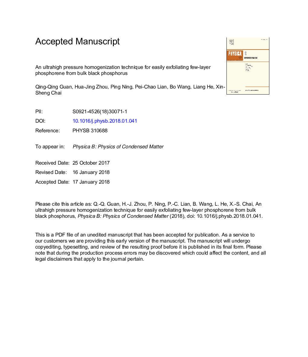 An ultrahigh pressure homogenization technique for easily exfoliating few-layer phosphorene from bulk black phosphorus