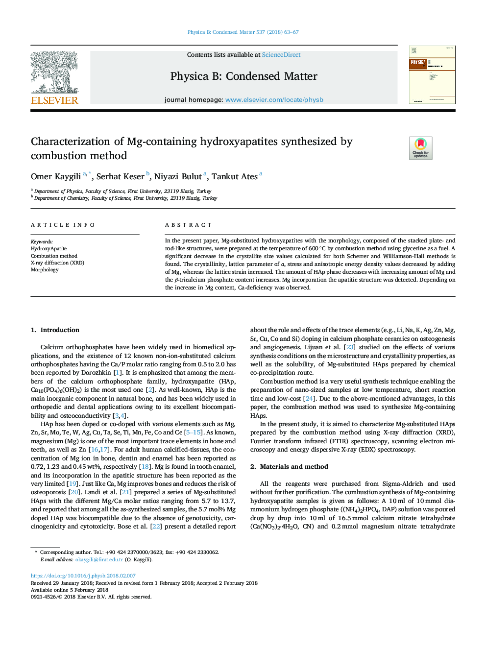 عکس صفحه اول مقاله: Characterization of Mg-containing hydroxyapatites synthesized by combustion method Characterization of Mg-containing hydroxyapatites synthesized by combustion method