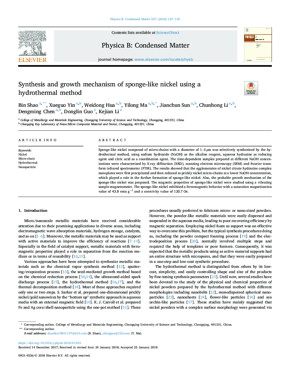 Synthesis and growth mechanism of sponge-like nickel using a hydrothermal method