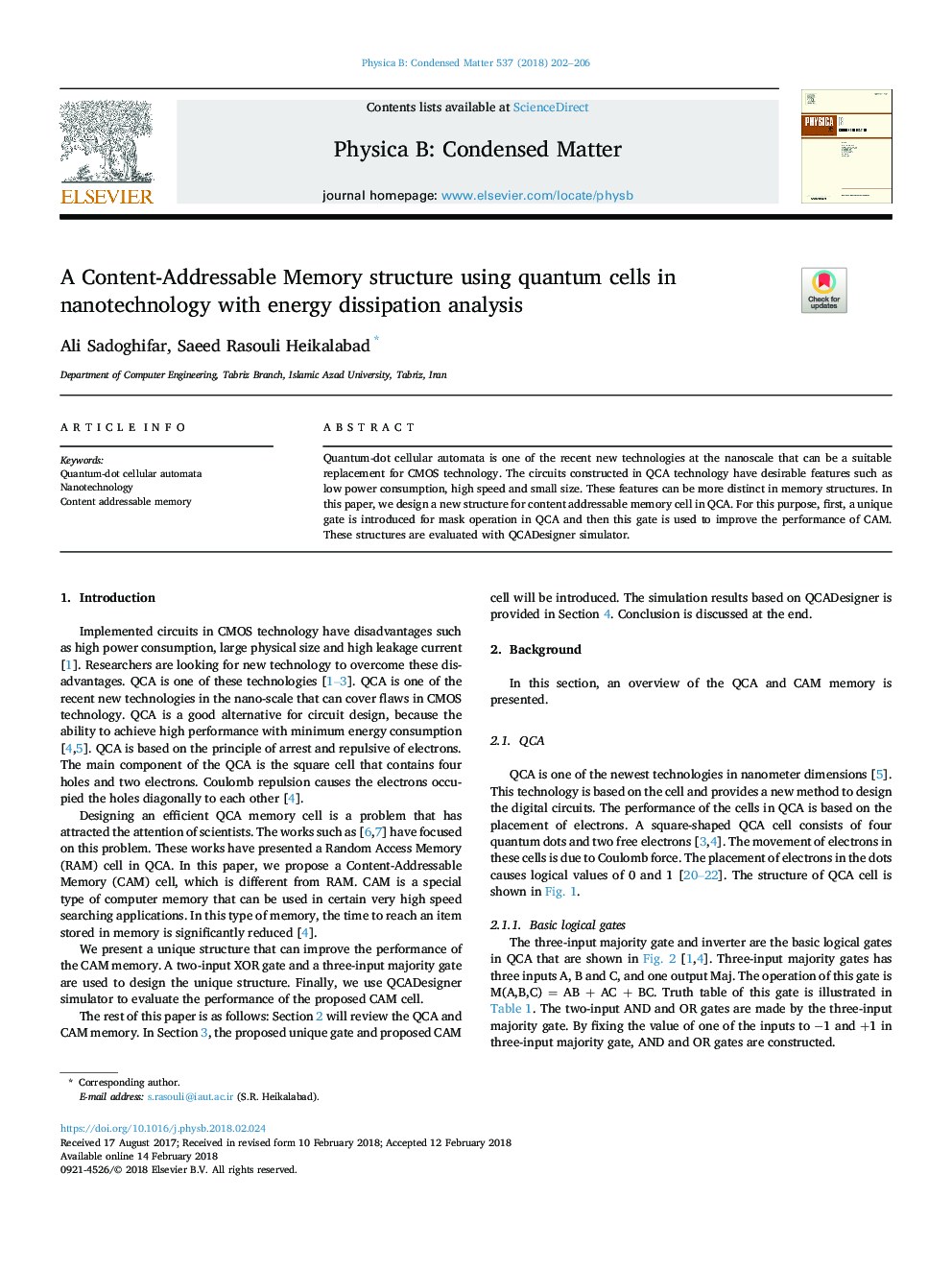 A Content-Addressable Memory structure using quantum cells in nanotechnology with energy dissipation analysis