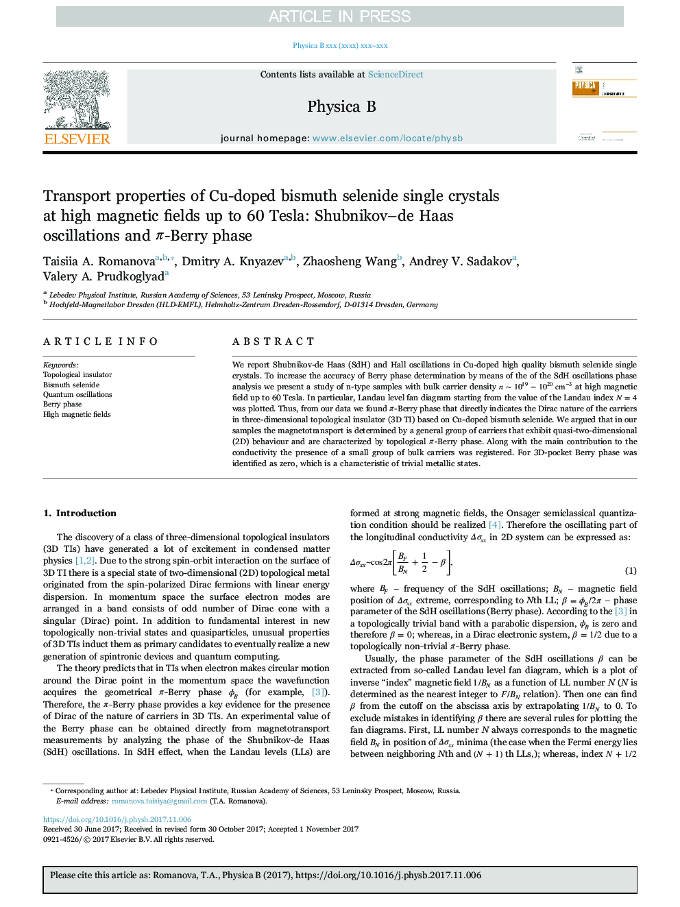 عکس صفحه اول مقاله: Transport properties of Cu-doped bismuth selenide single crystals at high magnetic fields up to 60 Tesla: Shubnikov-de Haas oscillations and Ï-Berry phase Transport properties of Cu-doped bismuth selenide single crystals at high magnetic fields up to 60 Tesla: Shubnikov-de Haas oscillations and Ï-Berry phase