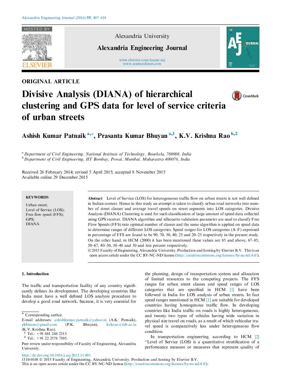 Divisive Analysis (DIANA) of hierarchical clustering and GPS data for level of service criteria of urban streets