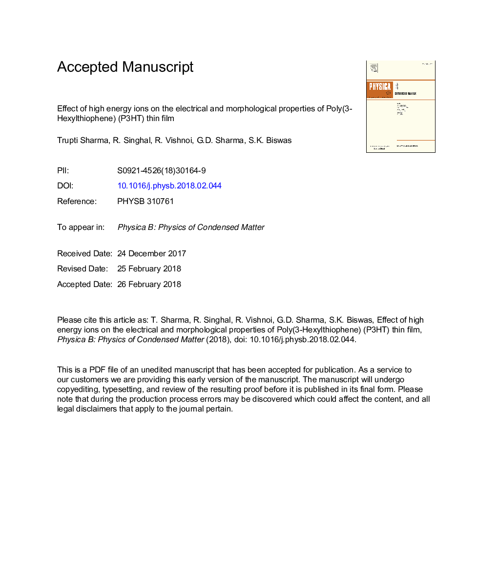 Effect of high energy ions on the electrical and morphological properties of Poly(3-Hexylthiophene) (P3HT) thin film