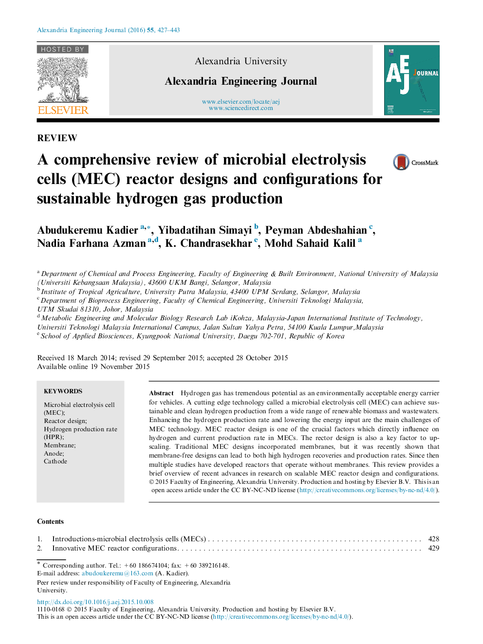 A comprehensive review of microbial electrolysis cells (MEC) reactor designs and configurations for sustainable hydrogen gas production 