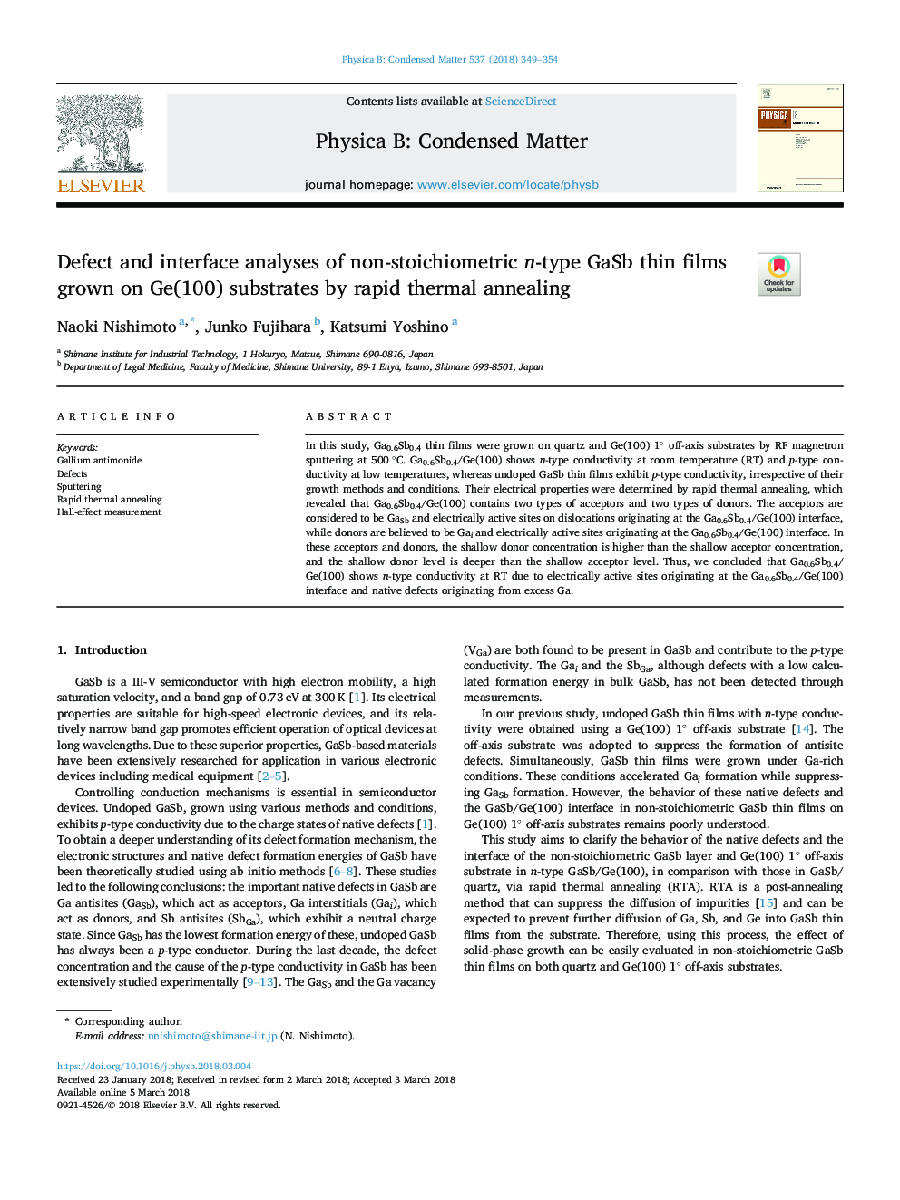 Defect and interface analyses of non-stoichiometric n-type GaSb thin films grown on Ge(100) substrates by rapid thermal annealing