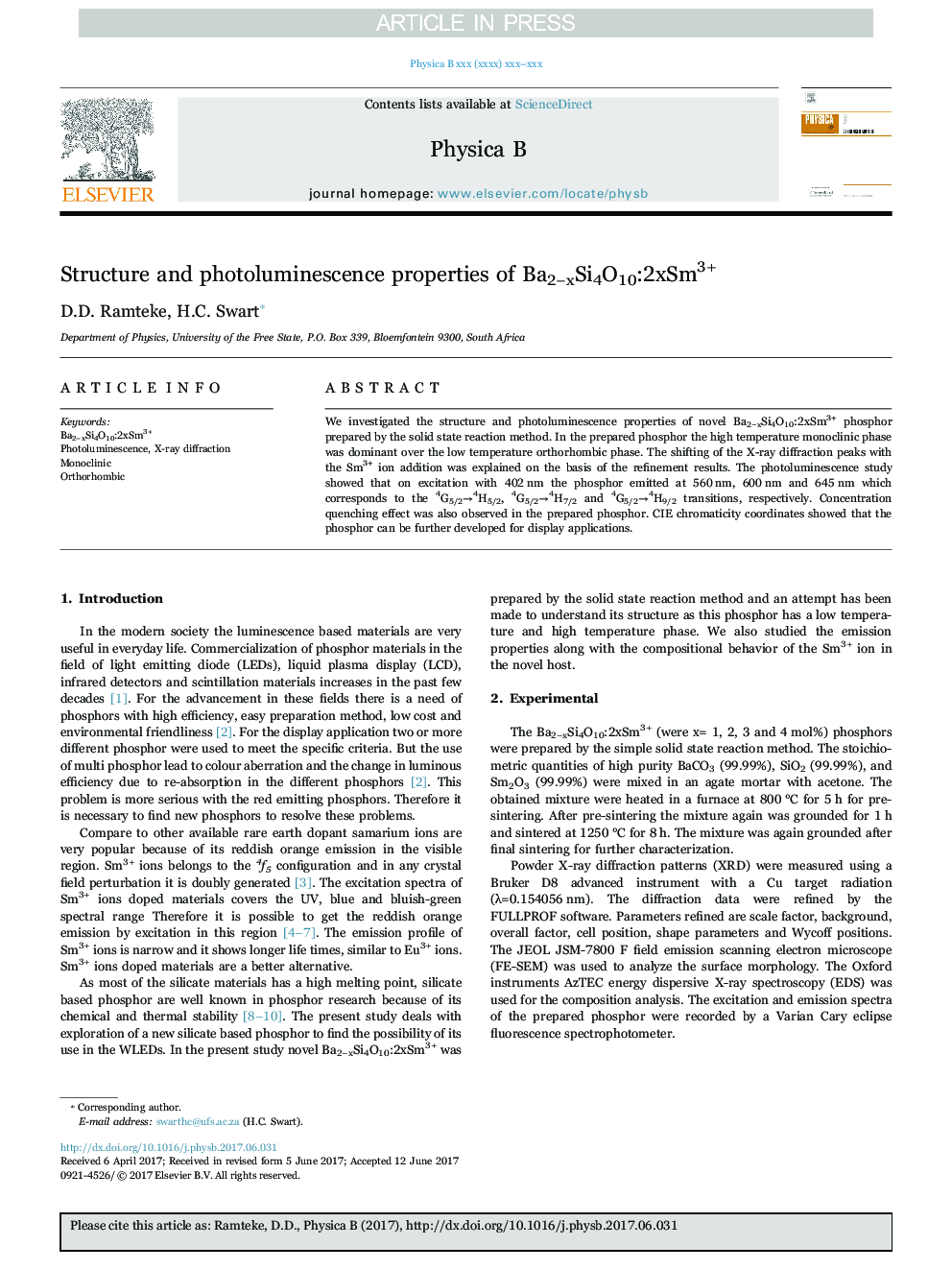 Structure and photoluminescence properties of Ba2âxSi4O10:2xSm3+