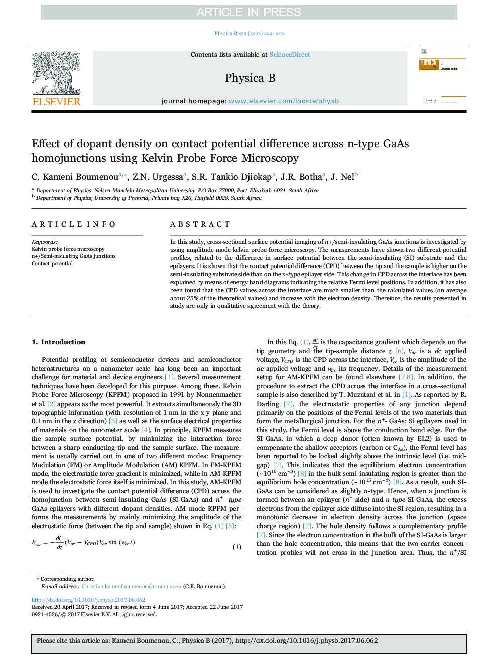 Effect of dopant density on contact potential difference across n-type GaAs homojunctions using Kelvin Probe Force Microscopy