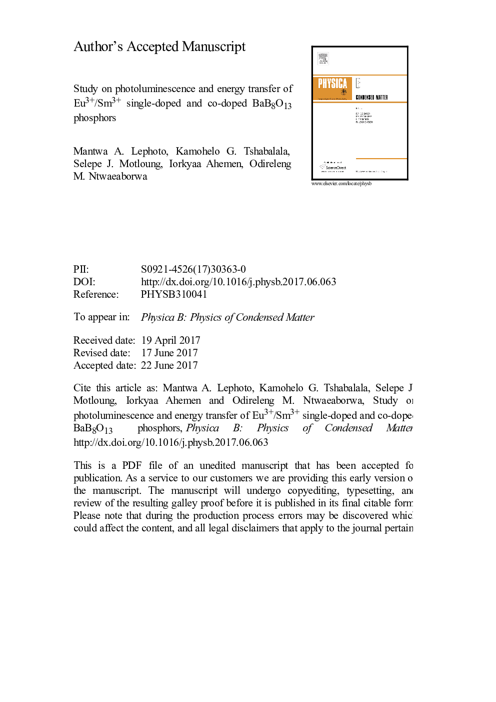 Study on photoluminescence and energy transfer of Eu3+/Sm3+ single-doped and co-doped BaB8O13 phosphors