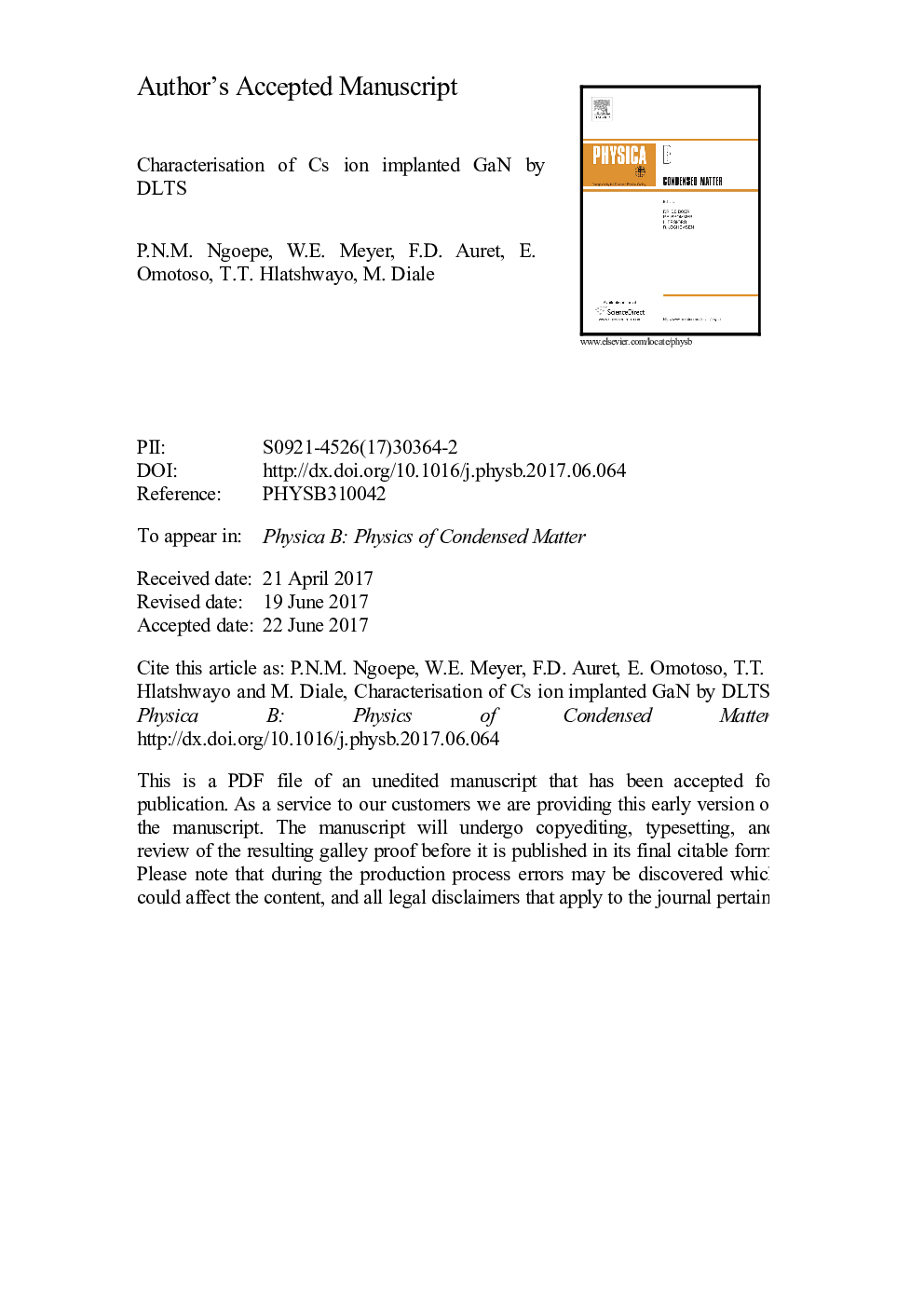 Characterisation of Cs ion implanted GaN by DLTS