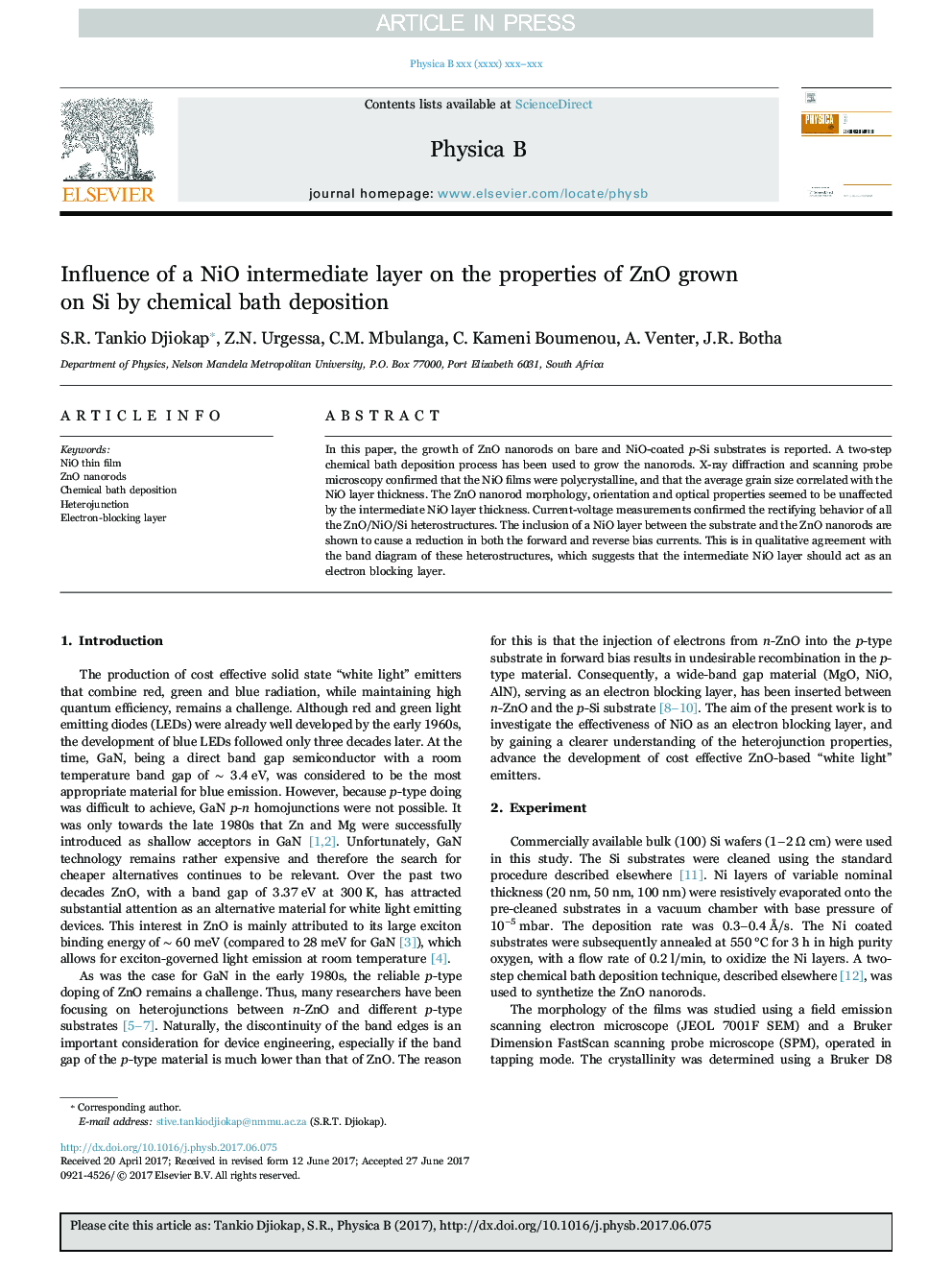 Influence of a NiO intermediate layer on the properties of ZnO grown on Si by chemical bath deposition