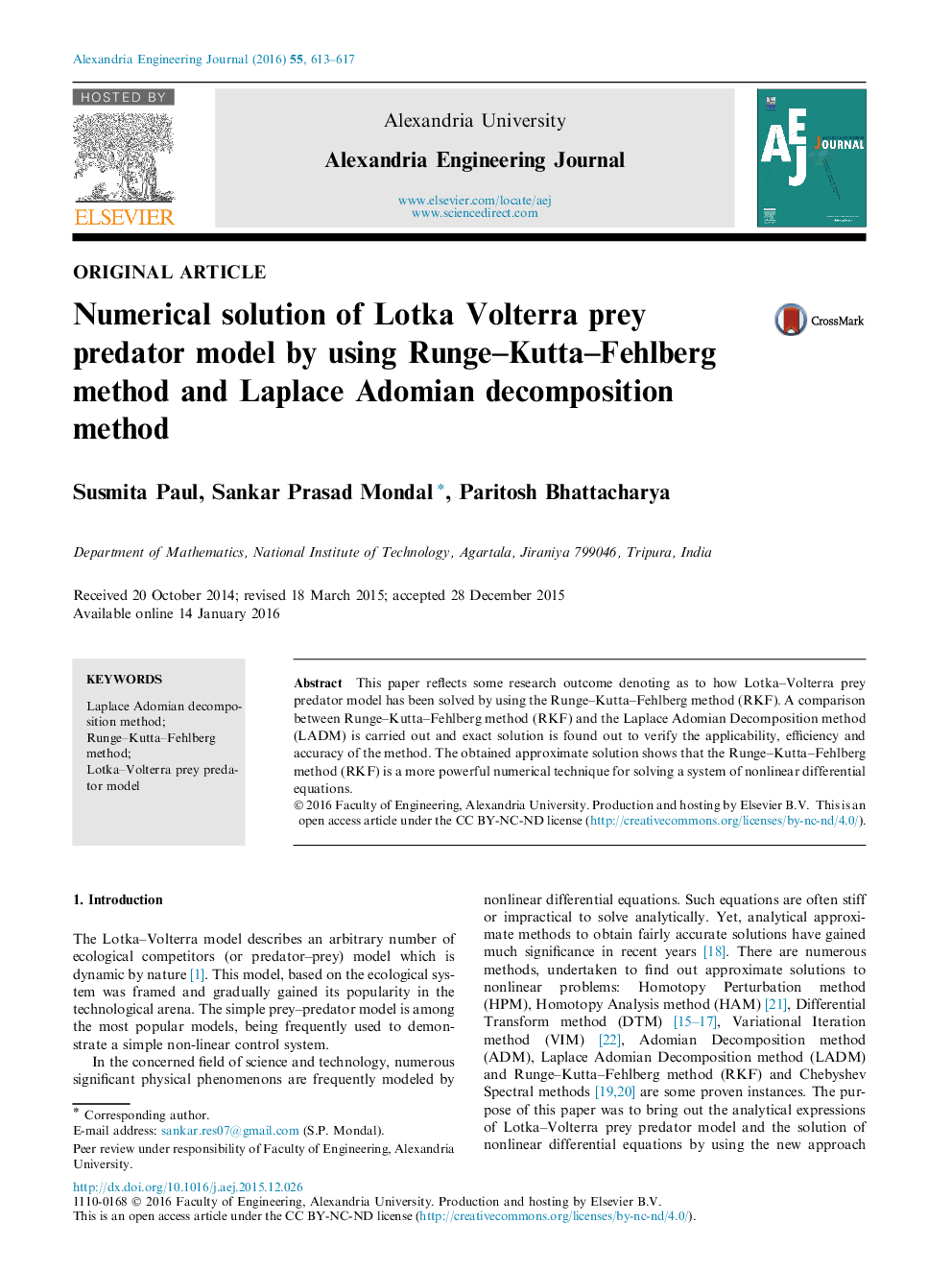 Numerical solution of Lotka Volterra prey predator model by using Runge–Kutta–Fehlberg method and Laplace Adomian decomposition method 