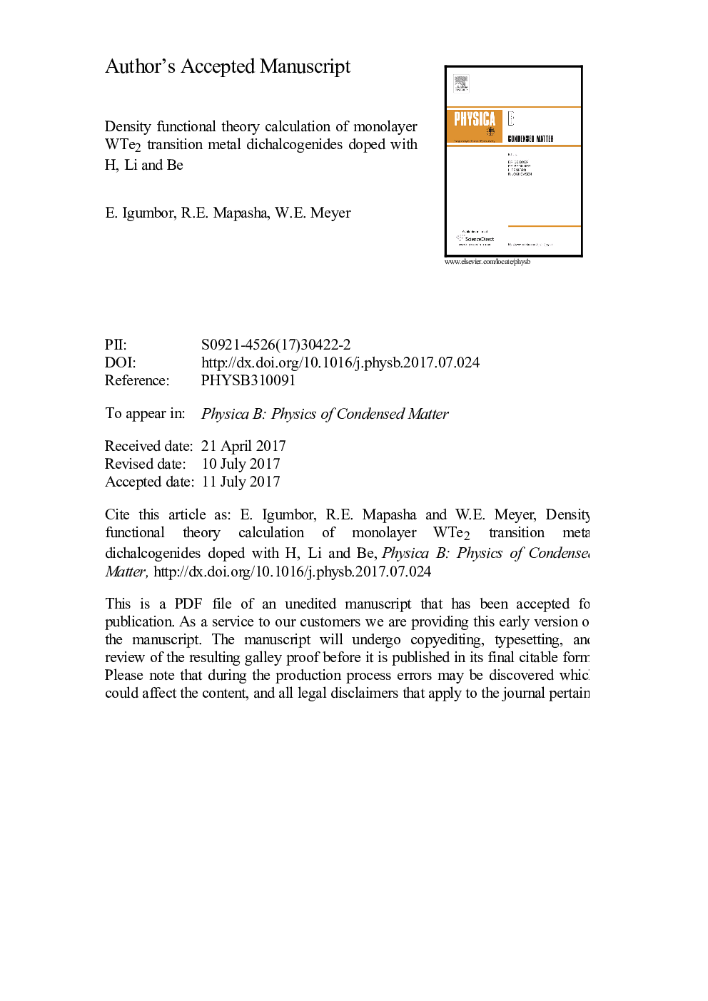 Density functional theory calculation of monolayer WTe2 transition metal dichalcogenides doped with H, Li and Be