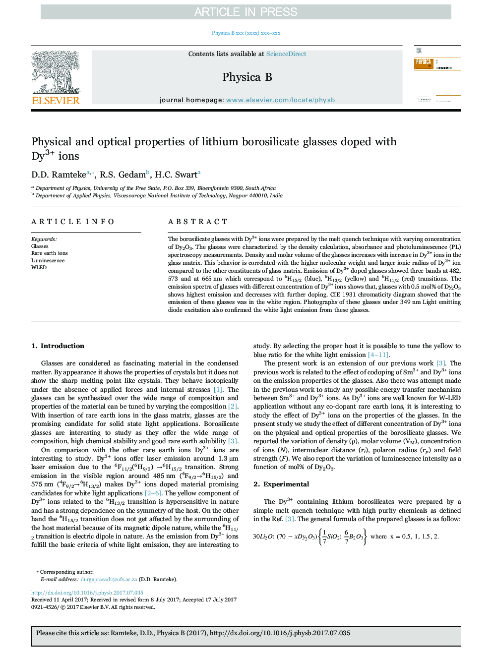 Physical and optical properties of lithium borosilicate glasses doped with Dy3+ ions