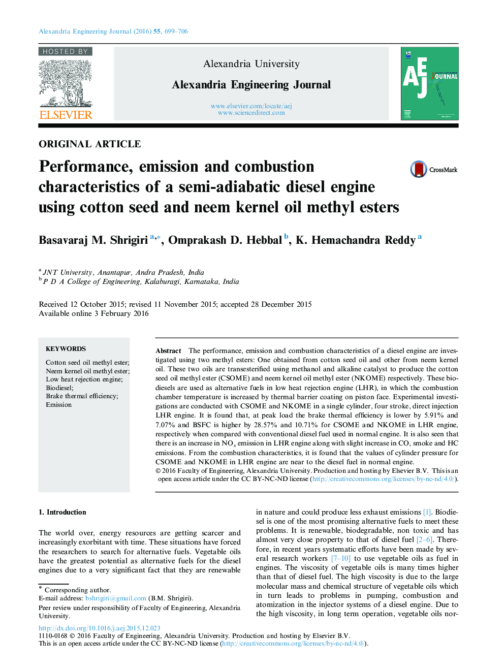 Performance, emission and combustion characteristics of a semi-adiabatic diesel engine using cotton seed and neem kernel oil methyl esters 