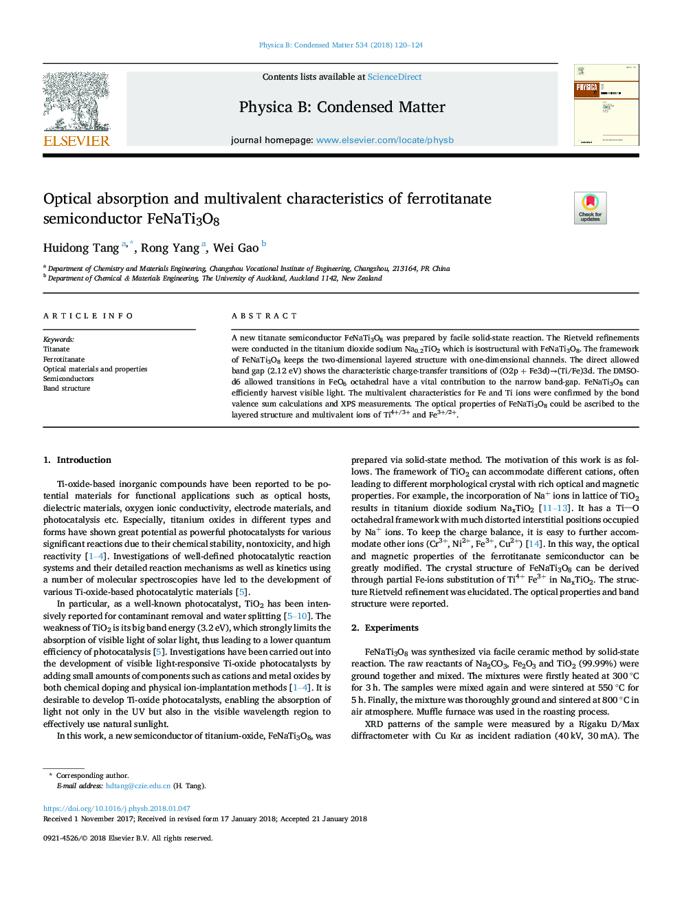 Optical absorption and multivalent characteristics of ferrotitanate semiconductor FeNaTi3O8