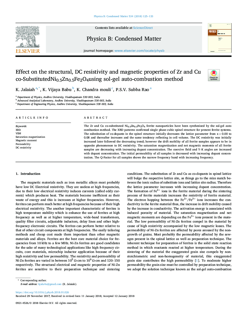 Effect on the structural, DC resistivity and magnetic properties of Zr and Cu co-SubstitutedNi0.5Zn0.5Fe2O4using sol-gel auto-combustion method