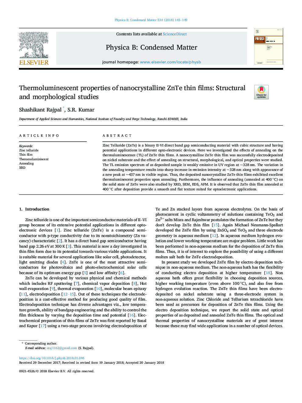 Thermoluminescent properties of nanocrystalline ZnTe thin films: Structural and morphological studies