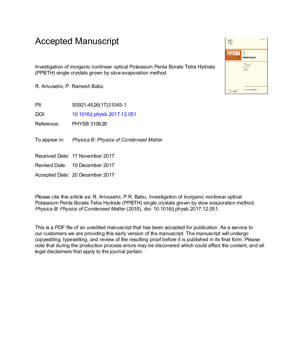 Investigation of inorganic nonlinear optical potassium penta borate tetra hydrate (PPBTH) single crystals grown by slow evaporation method