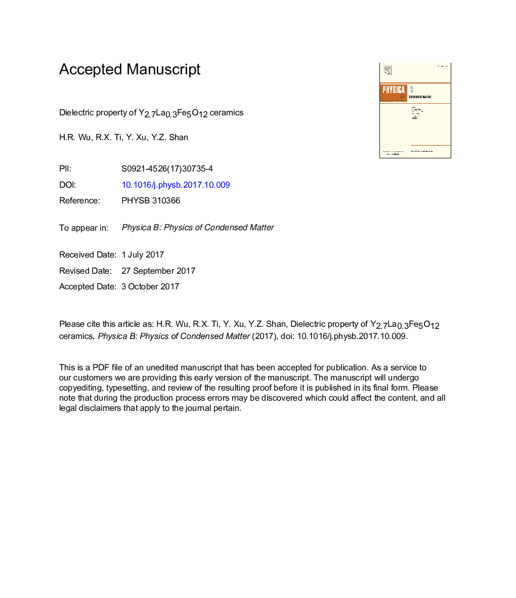 Dielectric property of Y2.7La0.3Fe5O12 ceramics