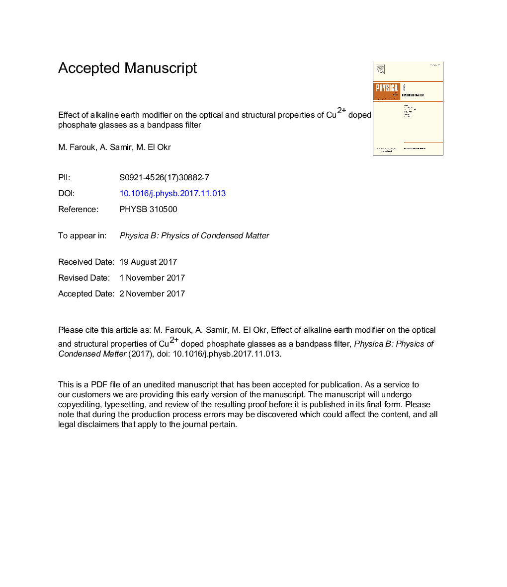 Effect of alkaline earth modifier on the optical and structural properties of Cu2+ doped phosphate glasses as a bandpass filter