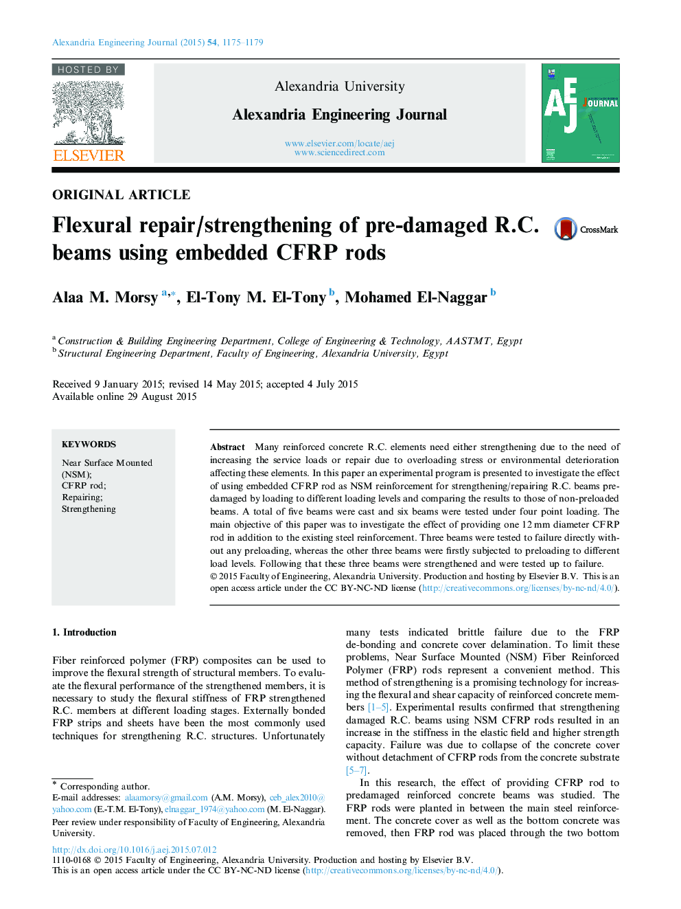 Flexural repair/strengthening of pre-damaged R.C. beams using embedded CFRP rods 