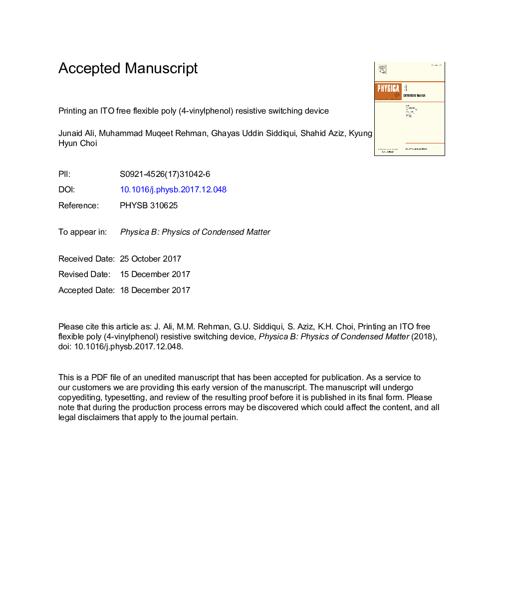 Printing an ITO-free flexible poly (4-vinylphenol) resistive switching device