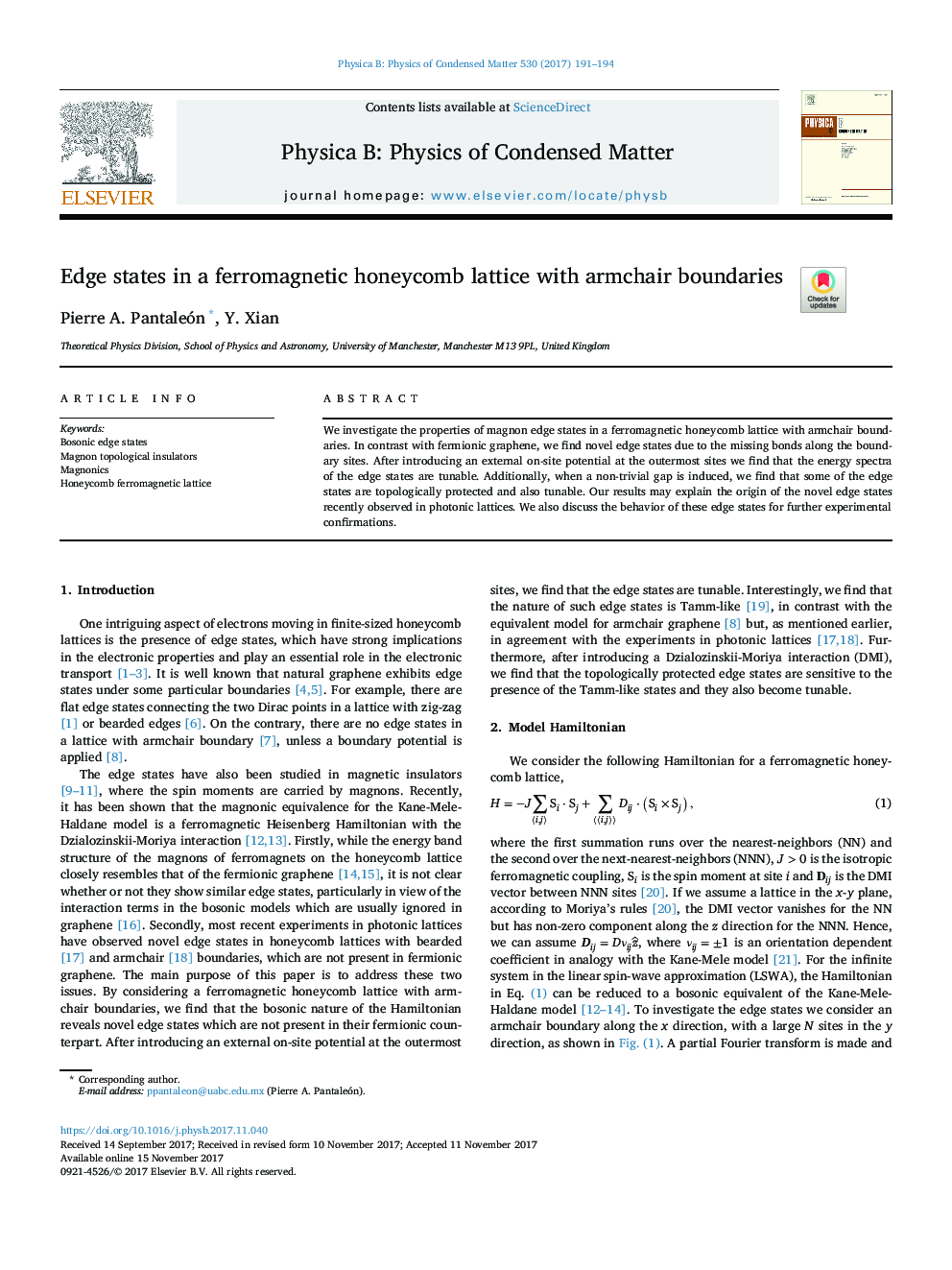 Edge states in a ferromagnetic honeycomb lattice with armchair boundaries