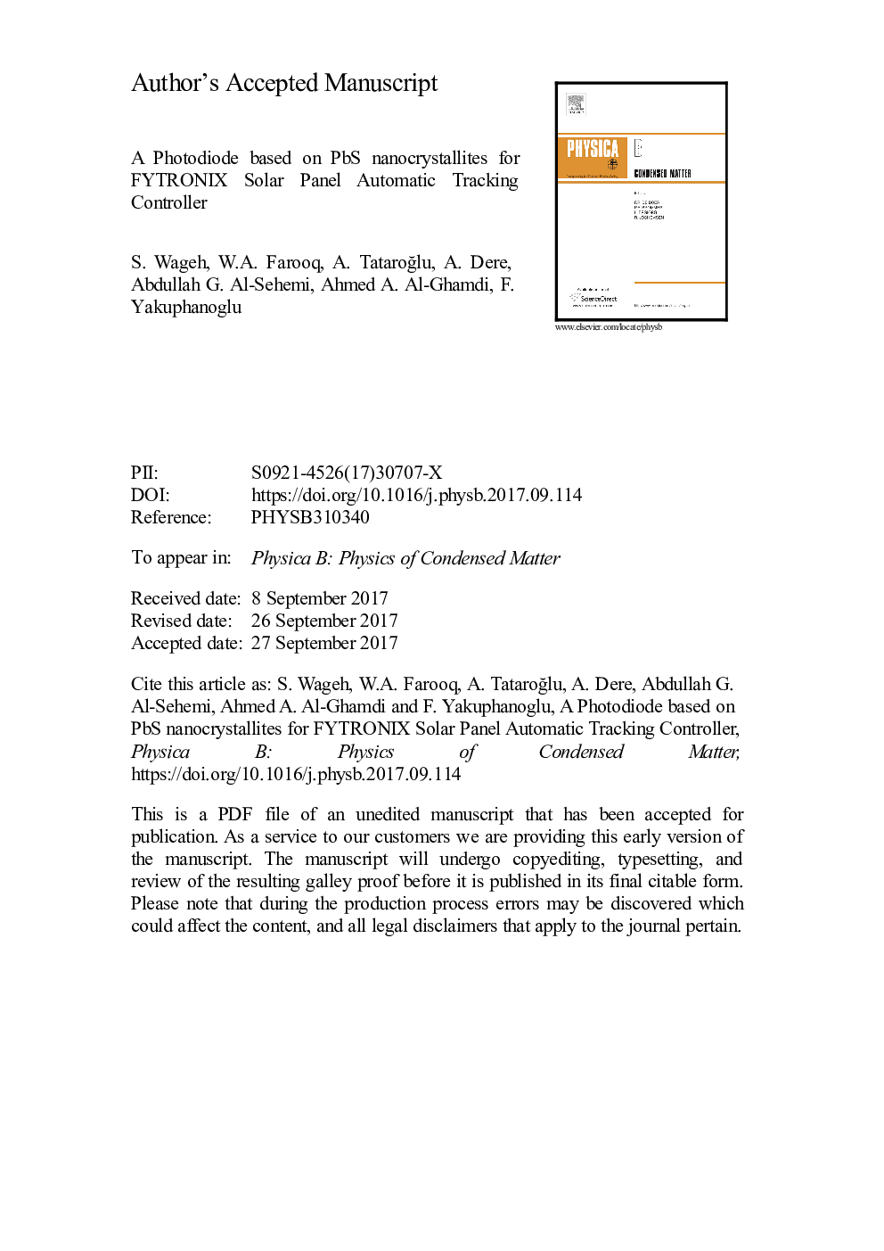 A photodiode based on PbS nanocrystallites for FYTRONIX solar panel automatic tracking controller