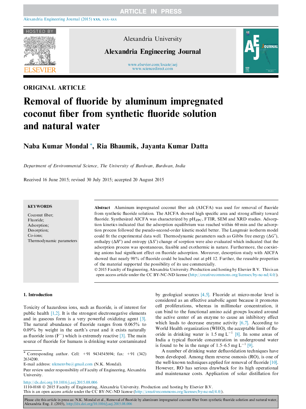 Removal of fluoride by aluminum impregnated coconut fiber from synthetic fluoride solution and natural water