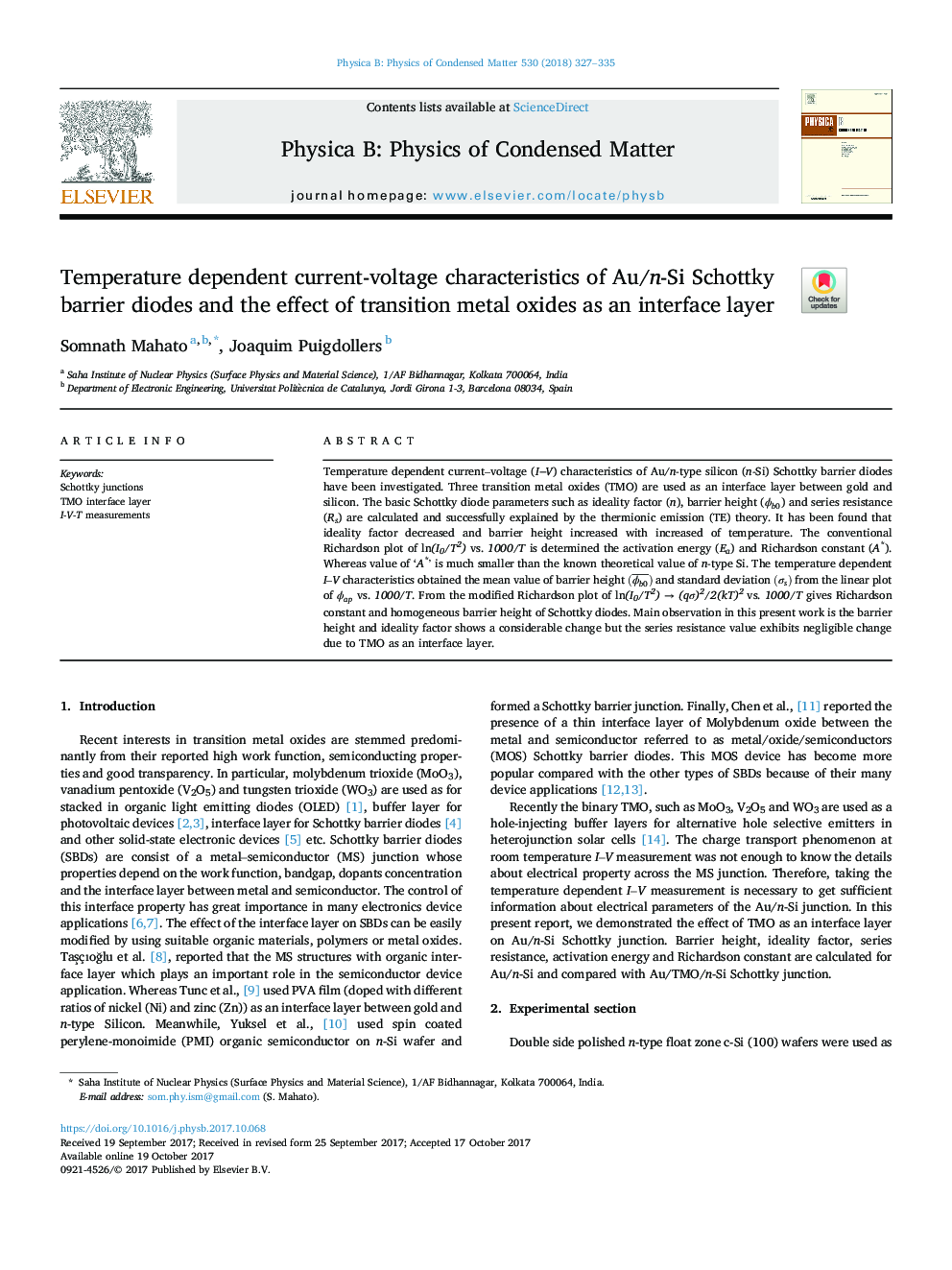 Temperature dependent current-voltage characteristics of Au/n-Si Schottky barrier diodes and the effect of transition metal oxides as an interface layer