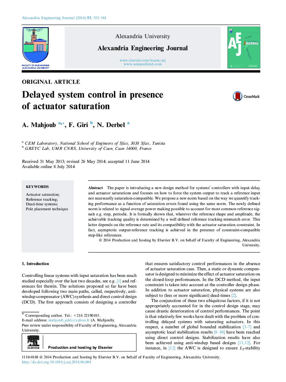 Delayed system control in presence of actuator saturation